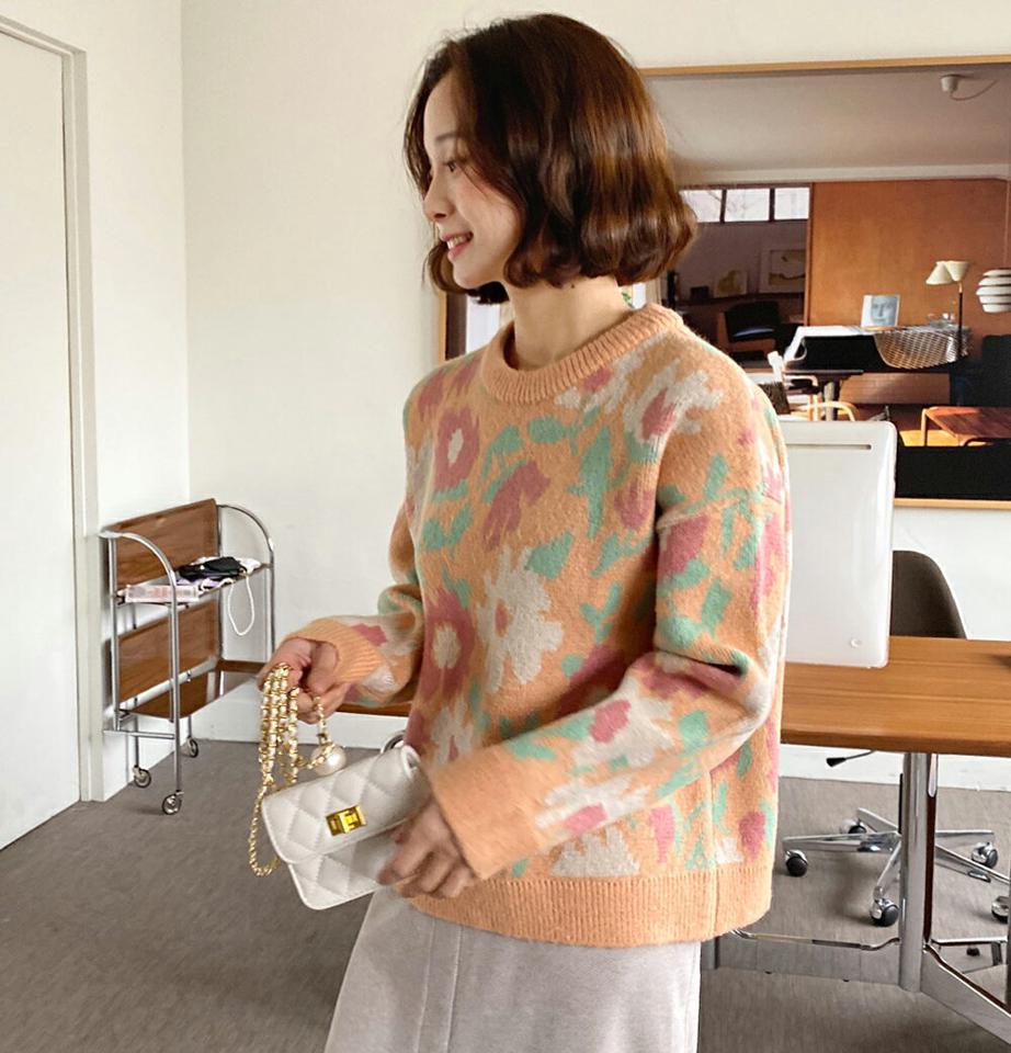 フラワーパターンニット・全2色・t63411 レディース 【tops】 韓国ファッション トップス ニット ラウンドネック 長袖 パターン 柄 花柄 フラワー パステルカラー ビンテージ レトロ カジュアル 秋 冬