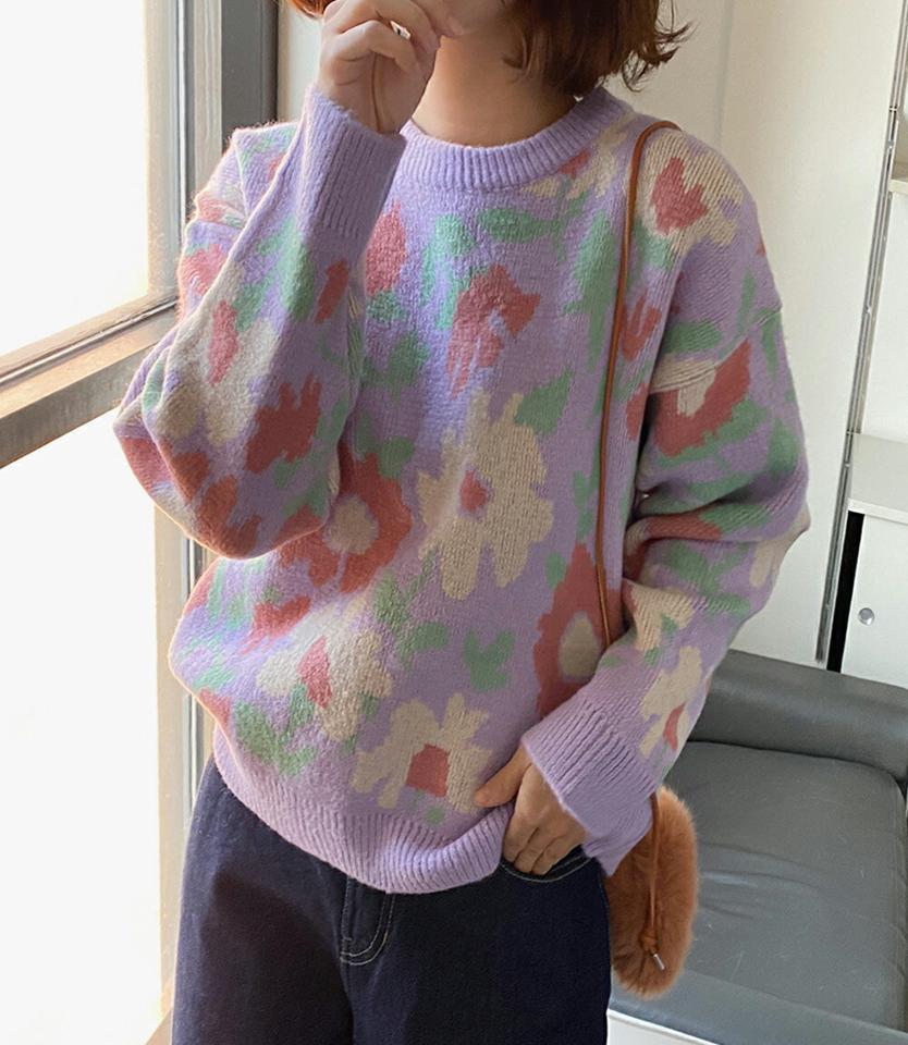 フラワーパターンニット・全2色・t63411 レディース 【tops】 韓国ファッション トップス ニット ラウンドネック 長袖 パターン 柄 花柄 フラワー パステルカラー ビンテージ レトロ カジュアル 秋 冬
