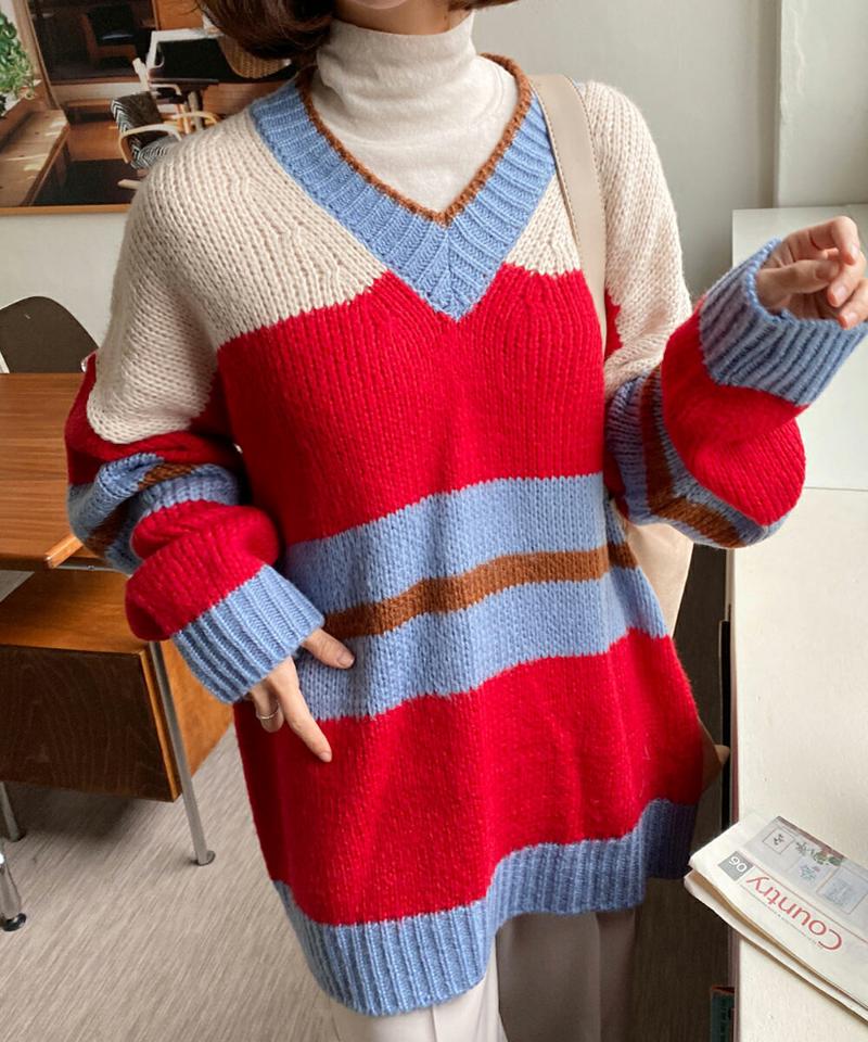 【只今10%OFF】Vネック配色ルーズニット・全3色・t00012 レディース 【tops】 韓国ファッション トップス ニット Vネック 長袖 ルーズ ゆったり 体型カバー オーバーサイズ カラーブロック ボーダー パターン 柄 カジュアル 秋 冬【ニットセール】