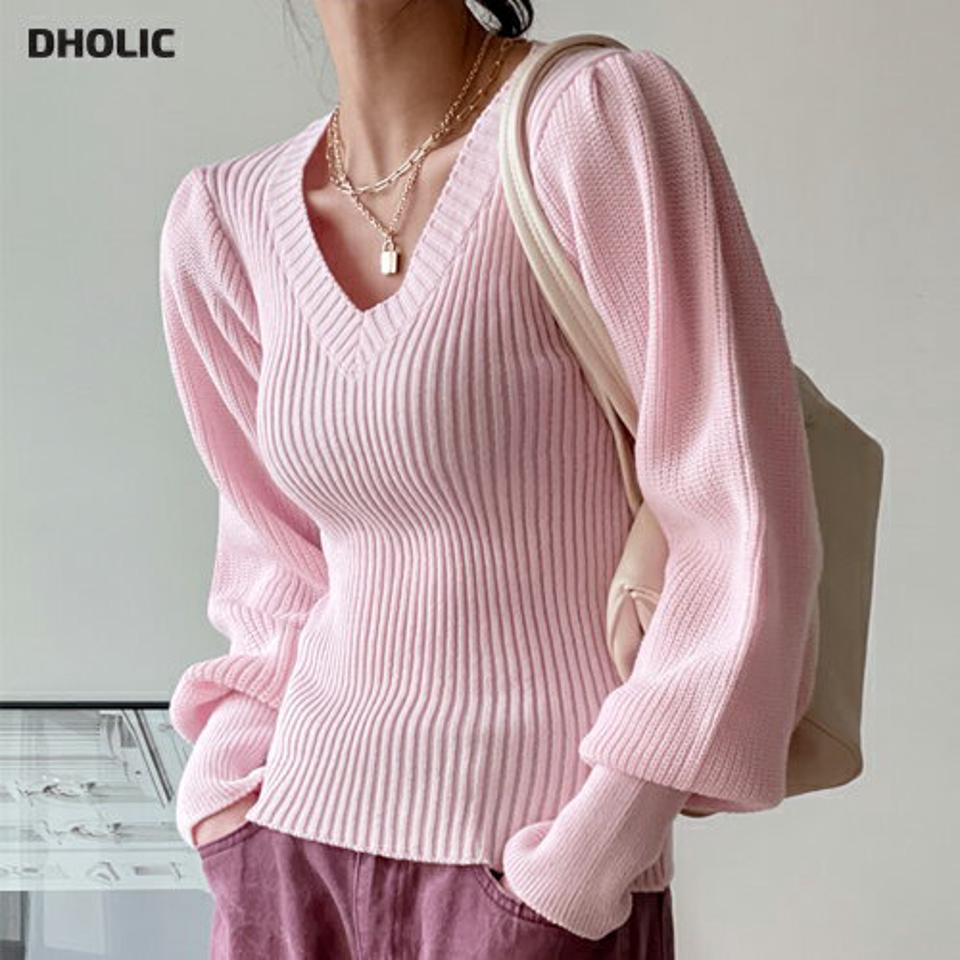 ≪人気商品再入荷≫Vネックパフスリーブニット・全5色・b71450 レディース 【tops】 韓国ファッション トップス ニット Vネック 長袖 パステル パフスリーブ リブニット タイト カラーニット スリム 無地 ハイゲージ 冬 ハイホリHIHOLLI 年上