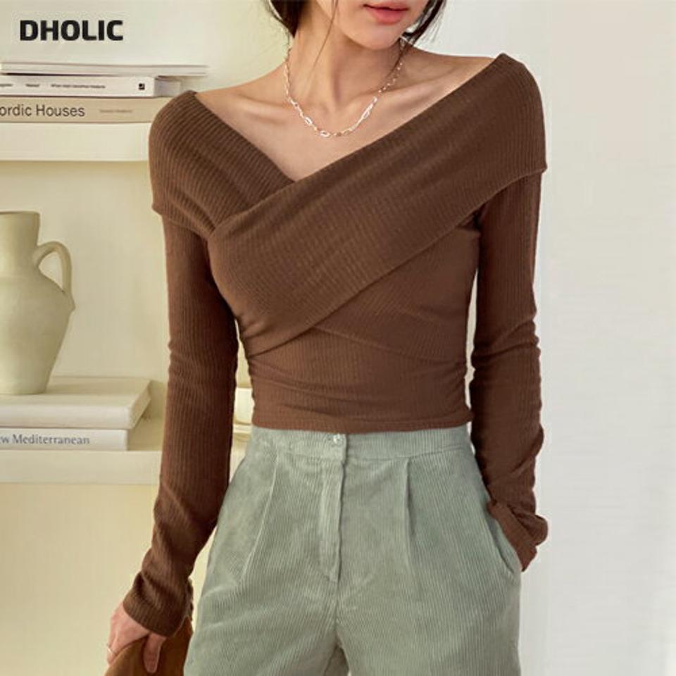 【只今10%OFF】アンゴラ混2WAYクロスリブニット・全3色・t71447 レディース 【tops】 韓国ファッション トップス ニット 長袖 Vネック オフショルダー デコルテ クロス カシュクール ラップ タイト 細身 スリム 無地 カジュアル 冬 ハイホリHIHOLLI【ニットセール】