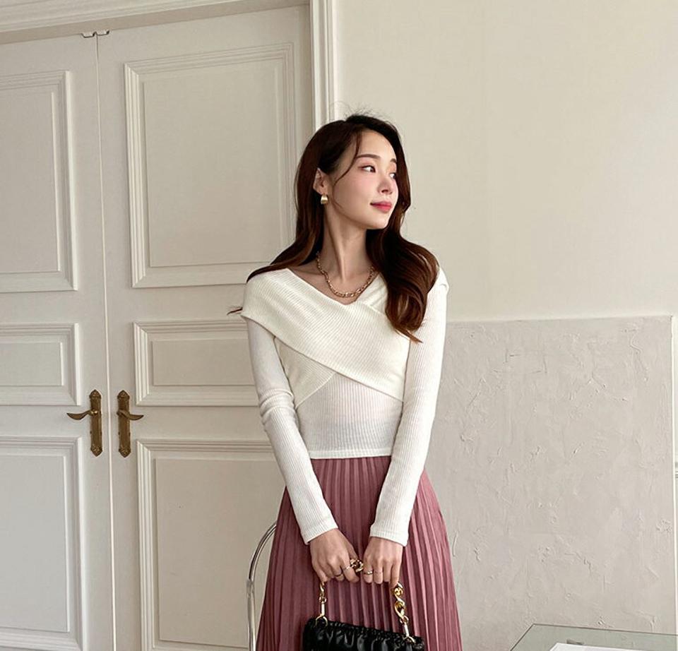 【只今10%OFF】アンゴラ混2WAYクロスリブニット・全3色・t71447 レディース 【tops】 韓国ファッション トップス ニット 長袖 Vネック オフショルダー デコルテ クロス カシュクール ラップ タイト 細身 スリム 無地 カジュアル 冬 ハイホリHIHOLLI【ニットセール】