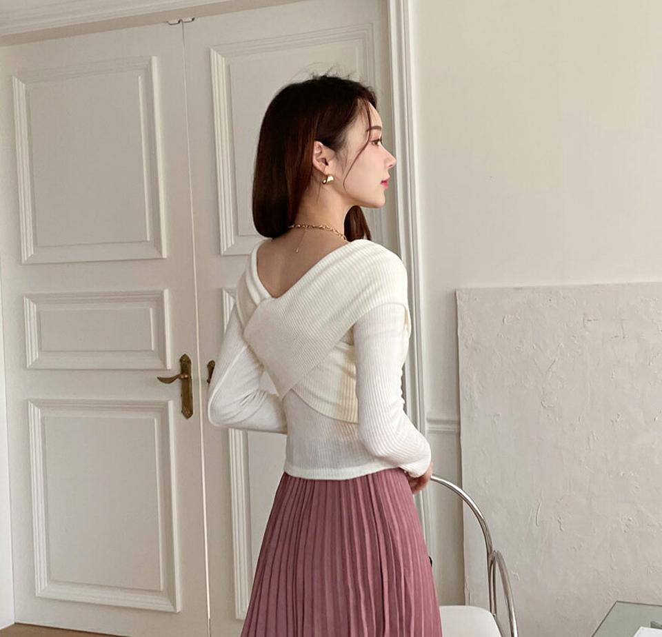 【只今10%OFF】アンゴラ混2WAYクロスリブニット・全3色・t71447 レディース 【tops】 韓国ファッション トップス ニット 長袖 Vネック オフショルダー デコルテ クロス カシュクール ラップ タイト 細身 スリム 無地 カジュアル 冬 ハイホリHIHOLLI【ニットセール】