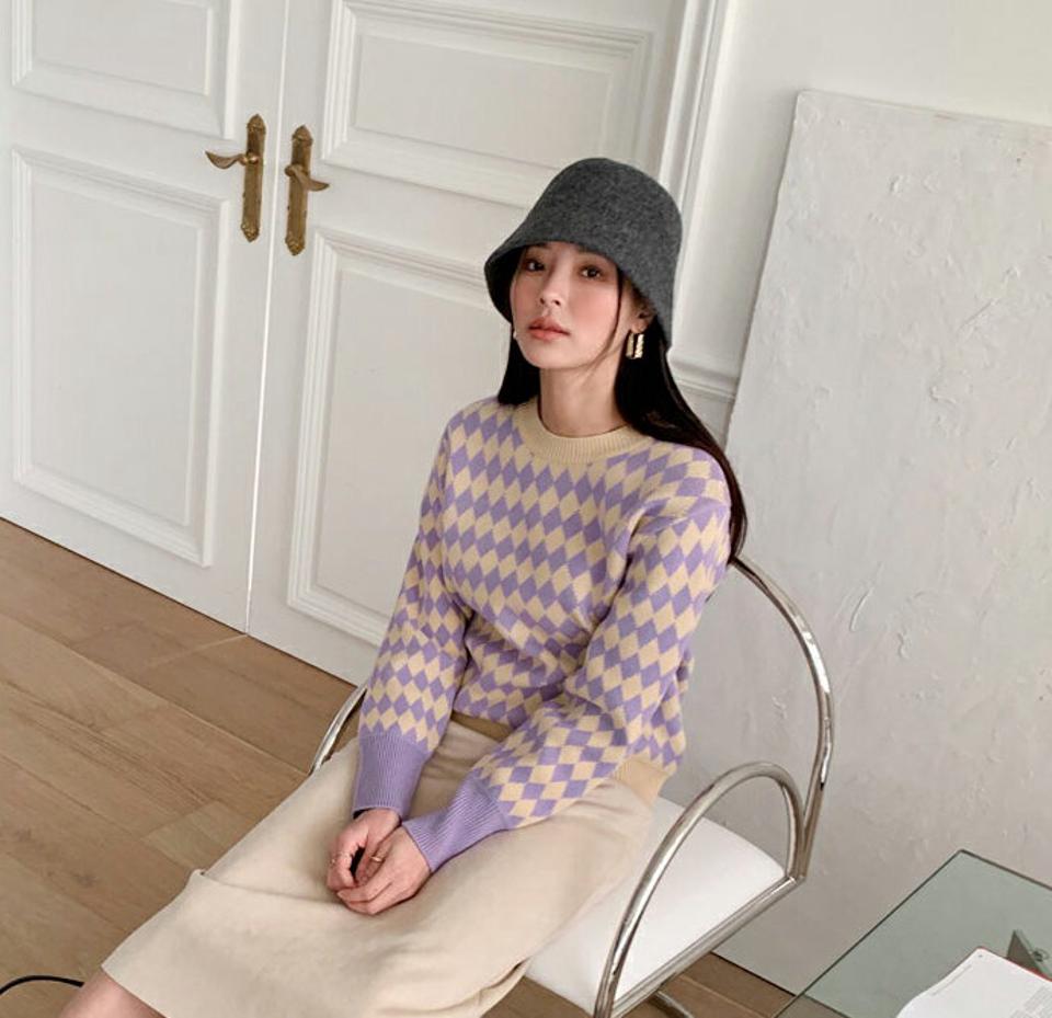 ウール混ダイヤパターンニット・全3色・t71451 レディース 【tops】 韓国ファッション トップス ニット ラウンドネック クルーネック 長袖 チェック パターン 柄 ハイゲージ スリム 細身 カジュアル 冬 ハイホリHIHOLLI
