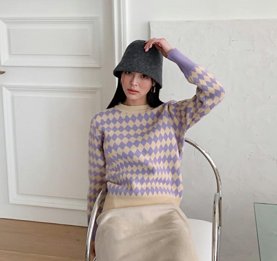 ウール混ダイヤパターンニット・全3色・t71451 レディース 【tops】 韓国ファッション トップス ニット ラウンドネック クルーネック 長袖 チェック パターン 柄 ハイゲージ スリム 細身 カジュアル 冬 ハイホリHIHOLLI