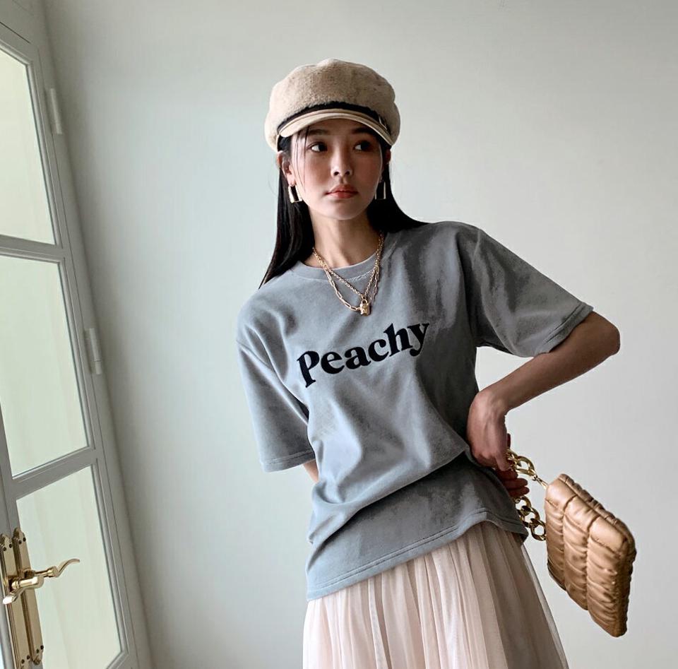ベロアPeachy半袖Tシャツ・全3色・t71445 レディース 【tops】 韓国ファッション トップス Tシャツ カットソー ラウンドネック クルーネック 半袖 ハーフスリーブ 5分袖 五分袖 レタリング 刺繍 英字 ロゴ カジュアル 冬 ハイホリHIHOLLI