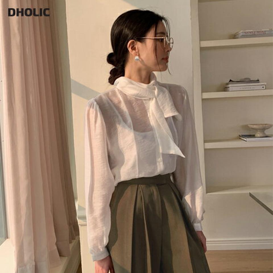 ネックリボンシアーブラウス・全2色・t71444 レディース 【bl】 韓国ファッション トップス ブラウス 長袖 ボウタイ リボン シアー シースルー 襟コン 透ける オーガンジー ボタン 前開 無地 カジュアル 冬 ハイホリHIHOLLI