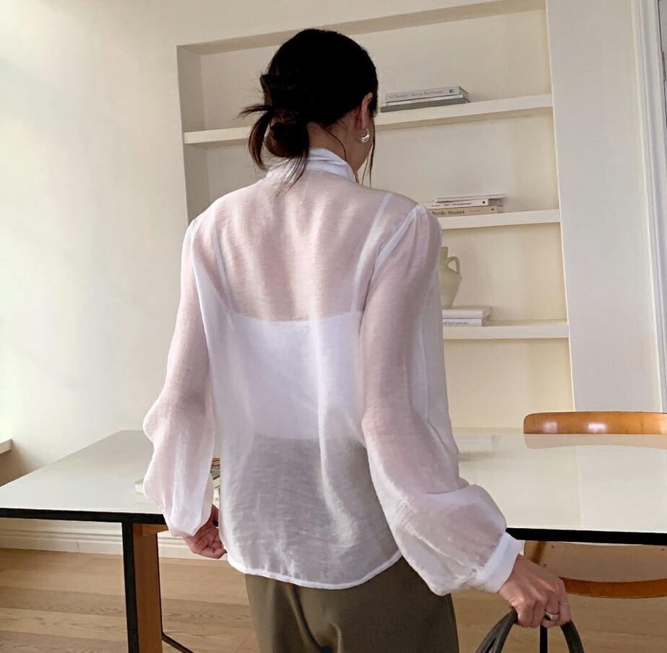 ネックリボンシアーブラウス・全2色・t71444 レディース 【bl】 韓国ファッション トップス ブラウス 長袖 ボウタイ リボン シアー シースルー 襟コン 透ける オーガンジー ボタン 前開 無地 カジュアル 冬 ハイホリHIHOLLI