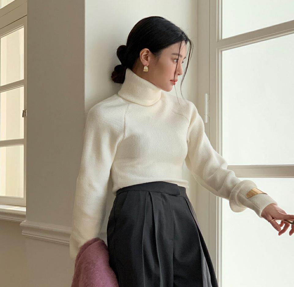 タートルネックニット・全3色・t71457 レディース 【tops】 韓国ファッション トップス ニット タートルネック ハイネック 長袖 パフスリーブ リブニット タイト スリム 無地 カジュアル 冬 ハイホリHIHOLLI