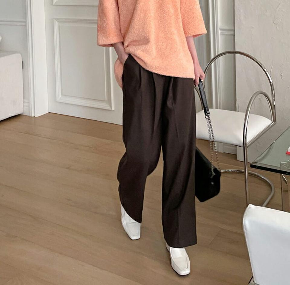 起毛ツータックワイドスラックス・全2色・t71464 レディース 【pt】 韓国ファッション ボトムス パンツ スラックス ロングパンツ ロング丈 ハイウエスト ハイライズ ワイド タック ストレート オフィス　大人 無地 カジュアル 冬 ハイホリHIHOLLI