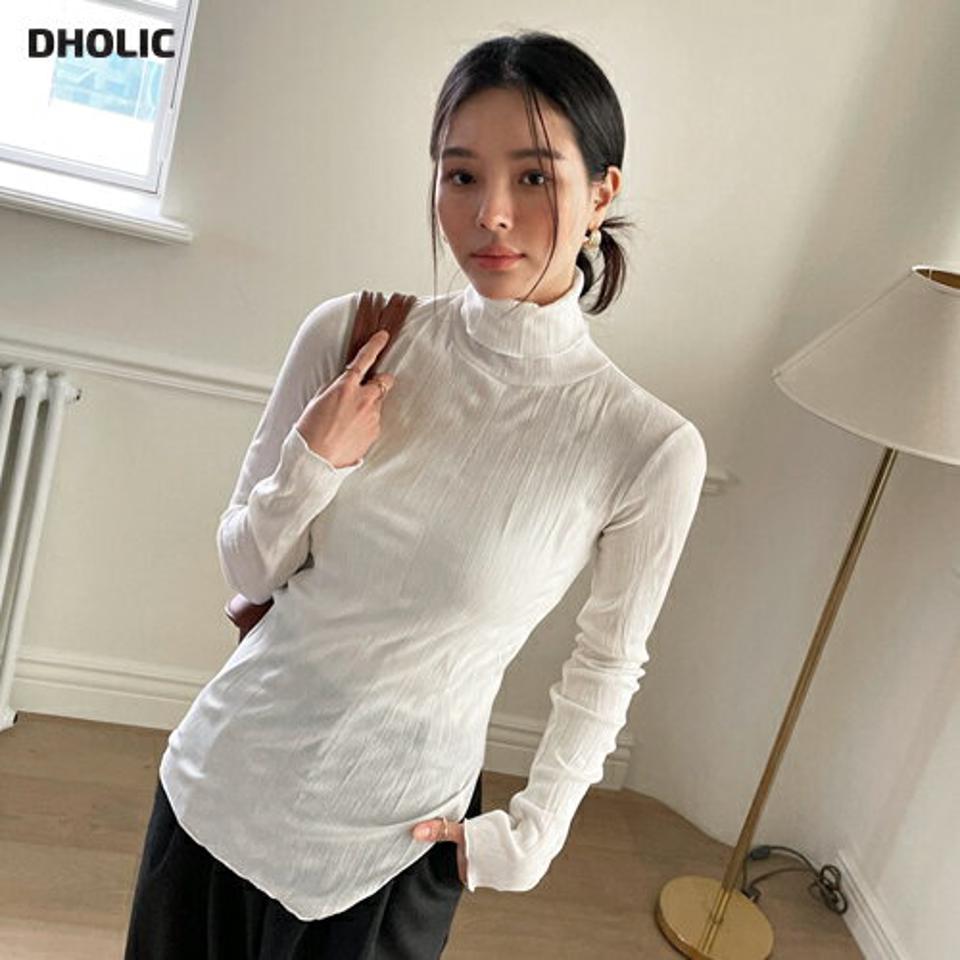 タートルリンクルスリムTシャツ・全2色・t71443 レディース 【tops】 韓国ファッション トップス Tシャツ カットソー タートルネック ハイネック 長袖 スリム 細身 タイト 無地 リンクル サイドスリット カジュアル 冬 ハイホリHIHOLLI