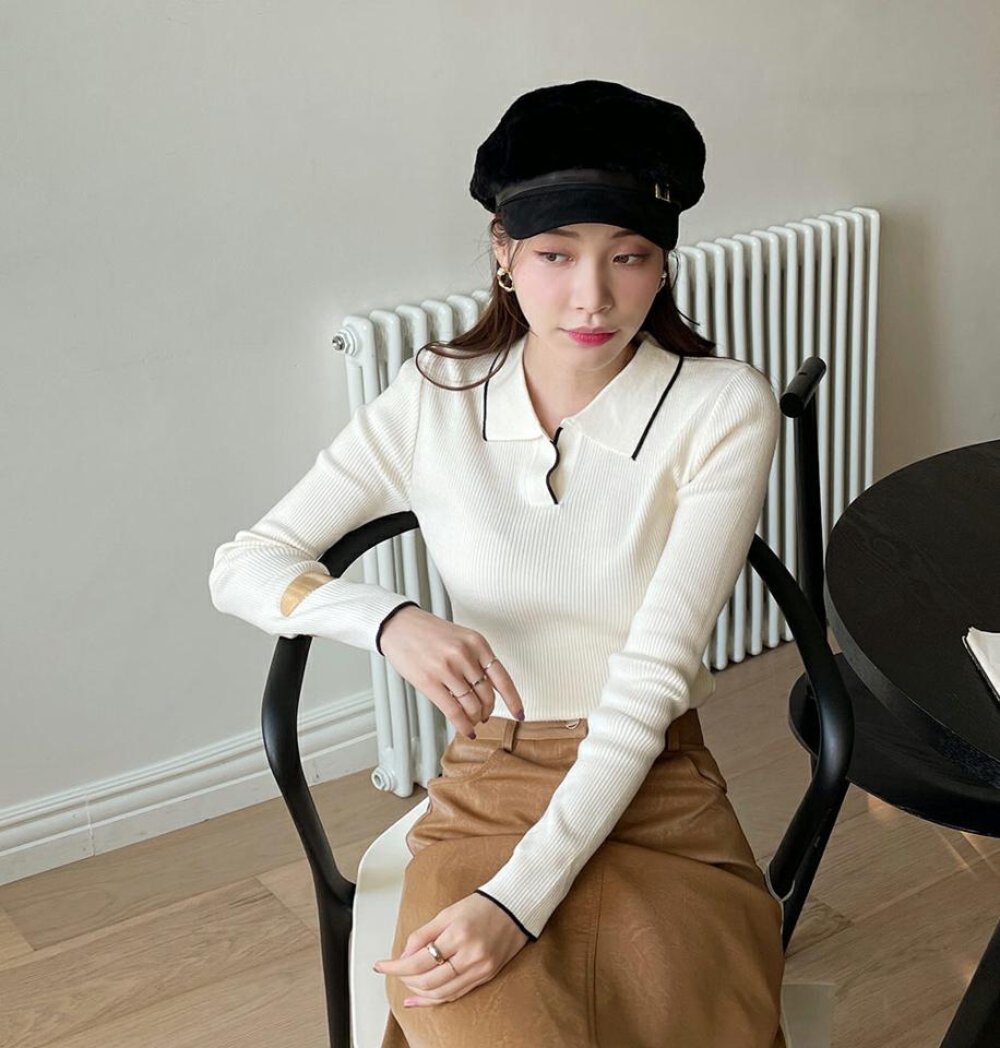 オープンカラー配色ヘムリブニット・全4色・b71448 レディース 【tops】 韓国ファッション トップス ニット リブニット オープンカラー 襟 スキッパー 長袖 タイト スリム 細身 無地 カジュアル 冬 ハイホリHIHOLLI