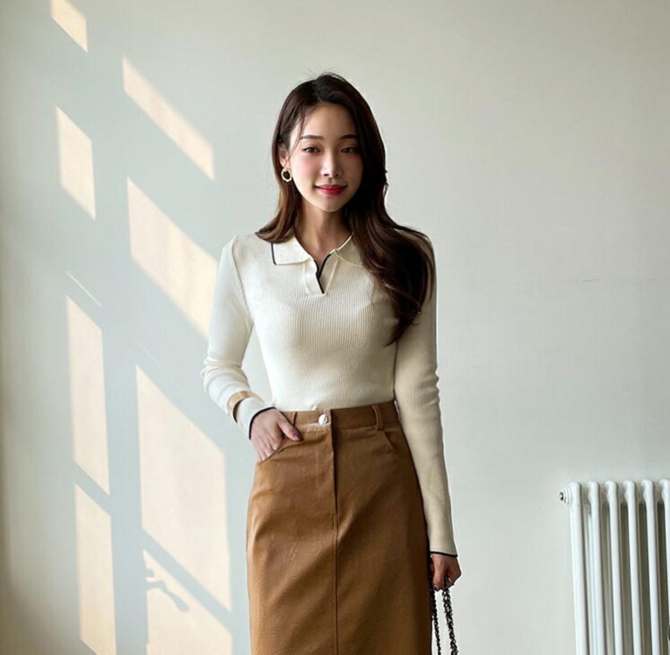 オープンカラー配色ヘムリブニット・全4色・b71448 レディース 【tops】 韓国ファッション トップス ニット リブニット オープンカラー 襟 スキッパー 長袖 タイト スリム 細身 無地 カジュアル 冬 ハイホリHIHOLLI