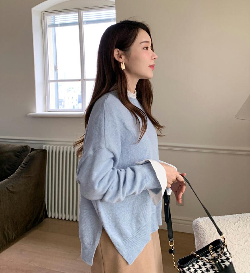 カシミヤ混2WAYリボンニット・全4色・b71446 レディース 【tops】 韓国ファッション トップス ニット ラウンドネック 長袖 ハイゲージ ルーズ パステル ゆったり 無地 カーディガン 前後着用 カジュアル 冬 ハイホリHIHOLLI