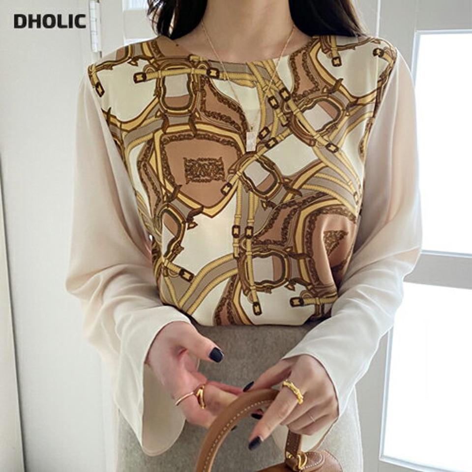 ベルトチェーンパターンブラウス・全2色・b00008 レディース 【bl】 韓国ファッション トップス ブラウス ラウンドネック 長袖 パターン 柄 幾何学 ワイドスリーブ ハンカチ柄 上品 大人 カジュアル 冬 ハイホリHIHOLLI