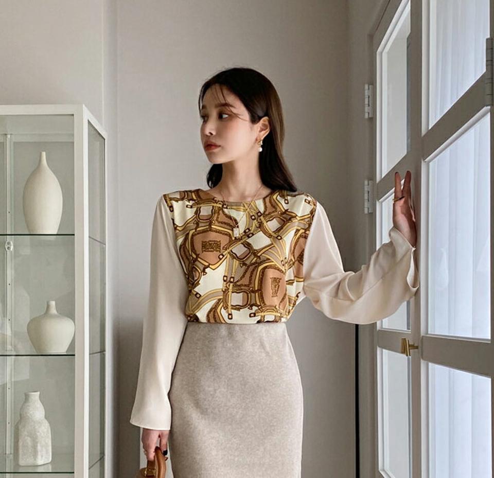 ベルトチェーンパターンブラウス・全2色・b00008 レディース 【bl】 韓国ファッション トップス ブラウス ラウンドネック 長袖 パターン 柄 幾何学 ワイドスリーブ ハンカチ柄 上品 大人 カジュアル 冬 ハイホリHIHOLLI