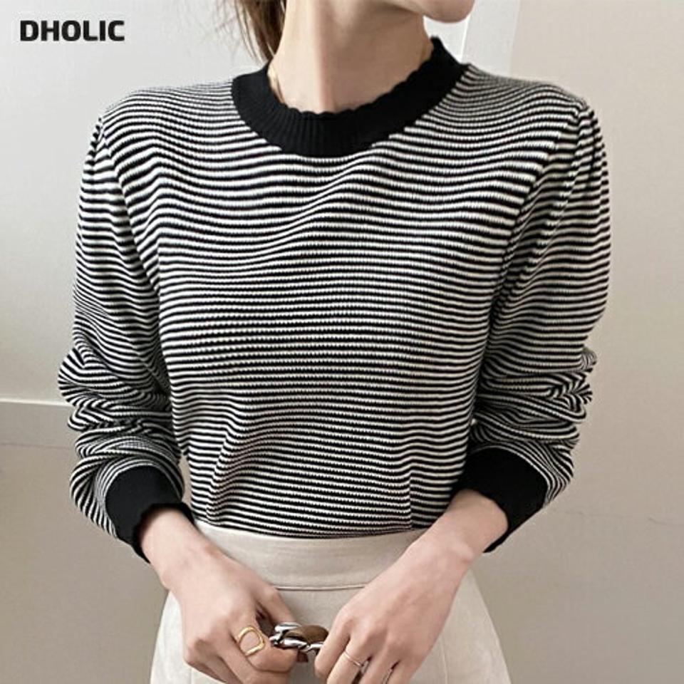 配色ボーダーパフニット・全3色・b00003 レディース 【tops】 韓国ファッション トップス ニット ラウンドネック モックネック 長袖 スリム 細身 パターン 柄 カジュアル 冬 ハイホリHIHOLLI