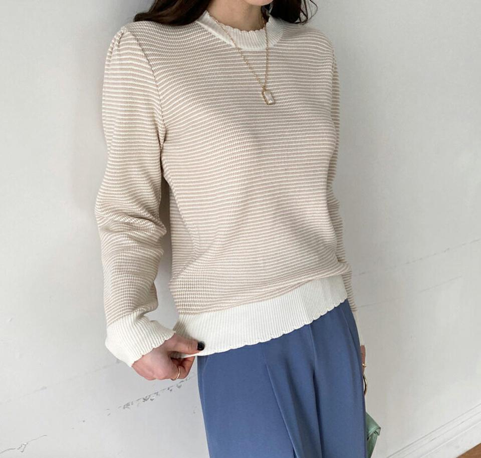 配色ボーダーパフニット・全3色・b00003 レディース 【tops】 韓国ファッション トップス ニット ラウンドネック モックネック 長袖 スリム 細身 パターン 柄 カジュアル 冬 ハイホリHIHOLLI