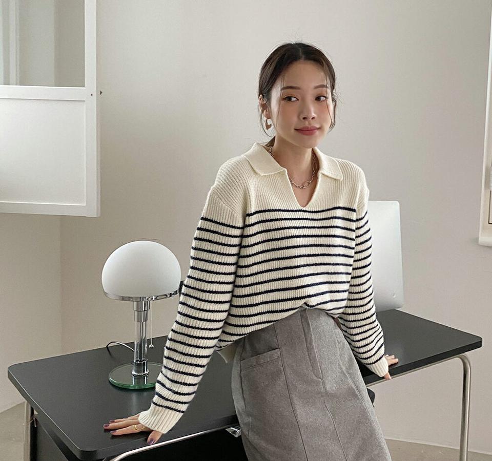 オープンカラーボーダーニット・全3色・t00010 レディース 【tops】 韓国ファッション トップス ニット リブニット オープンカラー 襟 スキッパー 長袖 パターン 柄 カジュアル 冬 ハイホリHIHOLLI