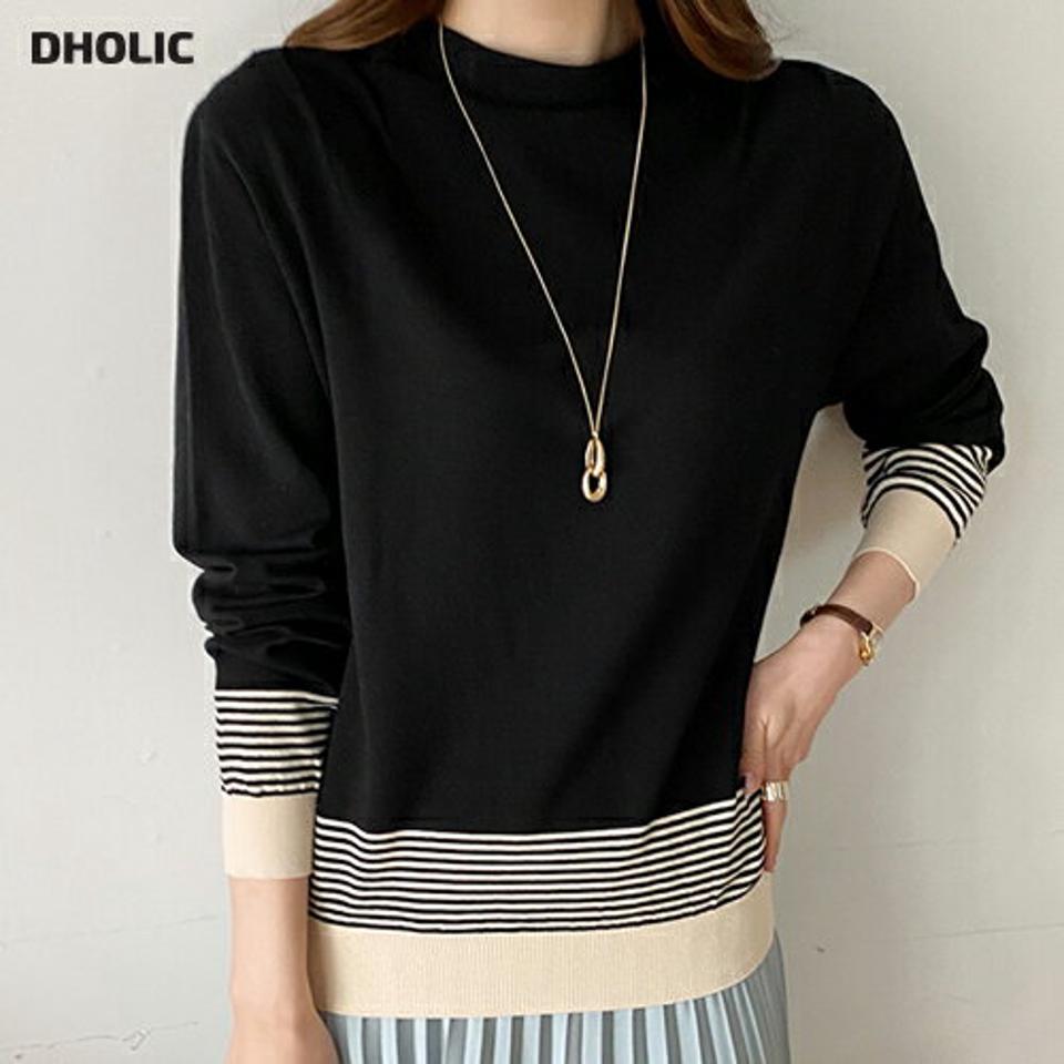 【只今10%OFF】ハーフネックボーダーヘムニット・全2色・b00006 レディース 【tops】 韓国ファッション トップス ボトルネック モックネック 長袖 ボーダー パターン 柄 ハイゲージ カジュアル 冬 ハイホリHIHOLLI【ニットセール】