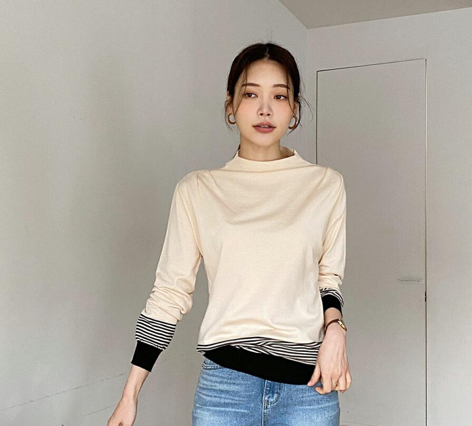 【只今10%OFF】ハーフネックボーダーヘムニット・全2色・b00006 レディース 【tops】 韓国ファッション トップス ボトルネック モックネック 長袖 ボーダー パターン 柄 ハイゲージ カジュアル 冬 ハイホリHIHOLLI【ニットセール】