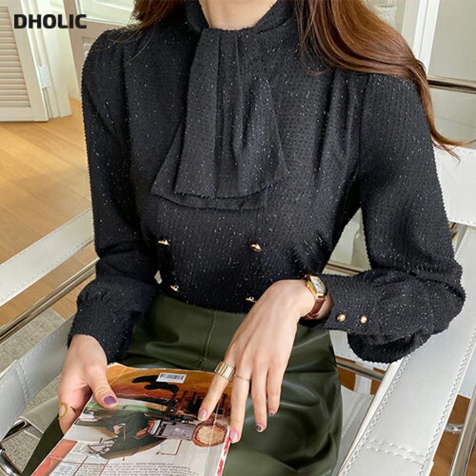 ダブルボタンリボンタイブラウス・全3色・b00009 レディース 【bl】 韓国ファッション トップス ブラウス 長袖 パフスリーブ ボウタイ ネックリボン 襟コン スリム 細身 オフィス 大人 カジュアル 冬 ハイホリHIHOLLI