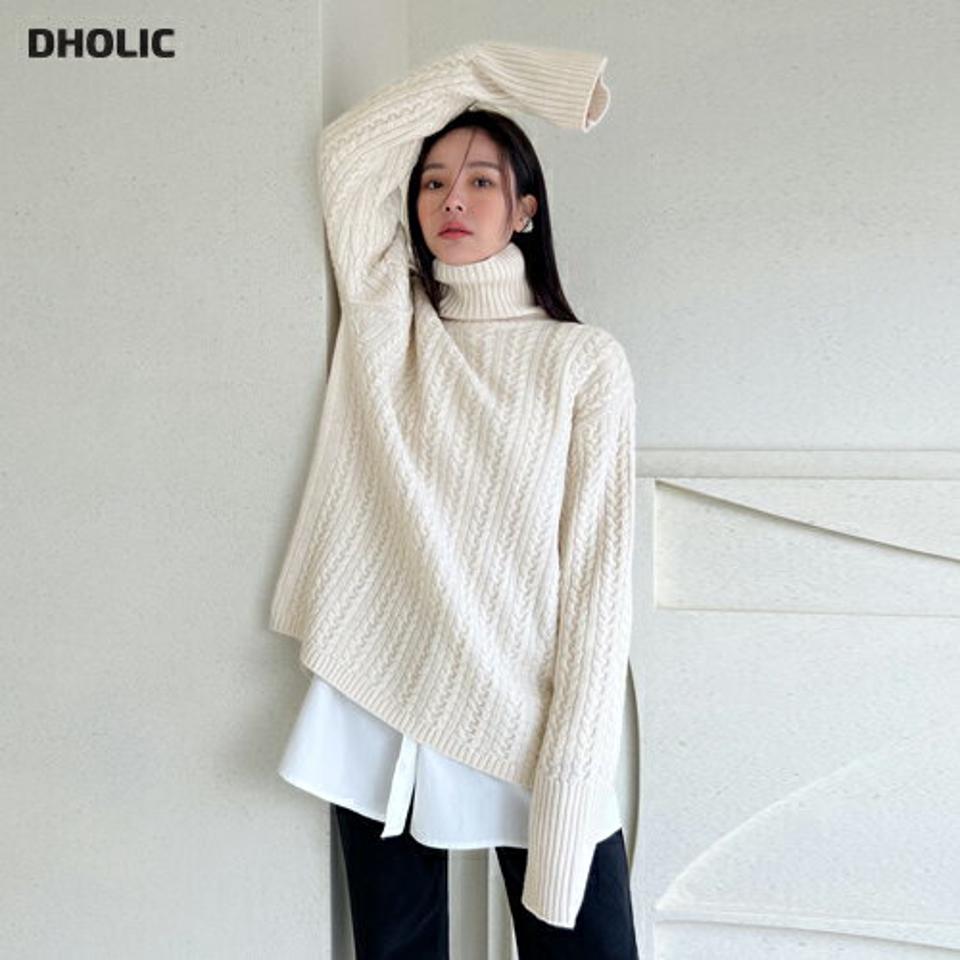 2WAYスリットタートルケーブルニット・全3色・t00039 レディース 【tops】 韓国ファッション トップス タートルネック ハイネック 長袖 ロングスリーブ ツイストニット ケーブルニット ルーズ バックオープン 前後着用 冬 ハイホリHIHOLLI