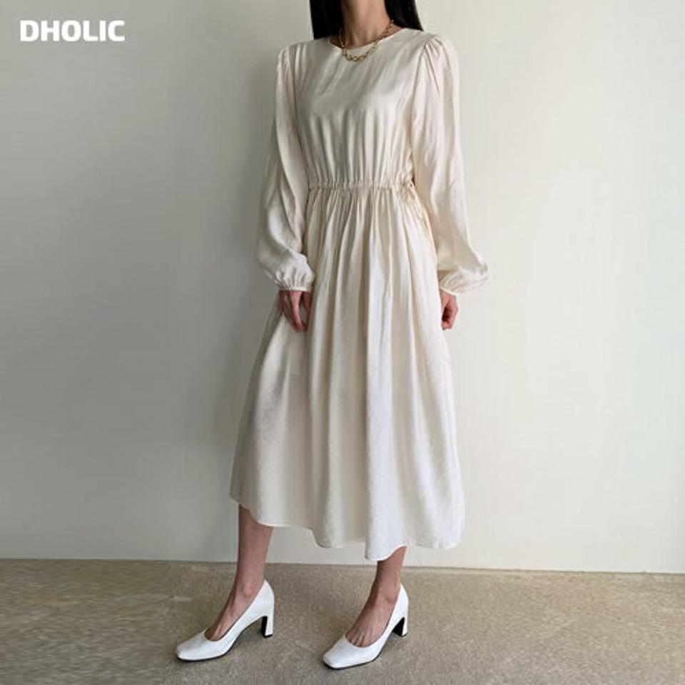 ストリングロングワンピース・全2色・t00034 レディース 【ops】 韓国ファッション ワンピース ロングワンピース ロング丈 フレア Aライン ラウンドネック 長袖 パフスリーブ 無地 シンプル カジュアル 冬 ハイホリHIHOLLI