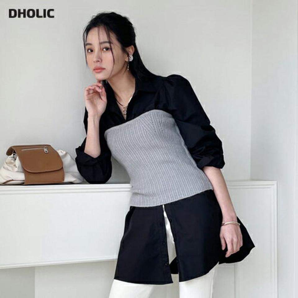 シャーリングロングシャツ・全2色・t00027 レディース 【bl】 韓国ファッション トップス シャツ カラー 襟 ボタン 前開 長袖 パフスリーブ パワーショルダー ロングシャツ ロング丈 ギャザー 無地 スリム 細身 カジュアル 冬 ハイホリHIHOLLI