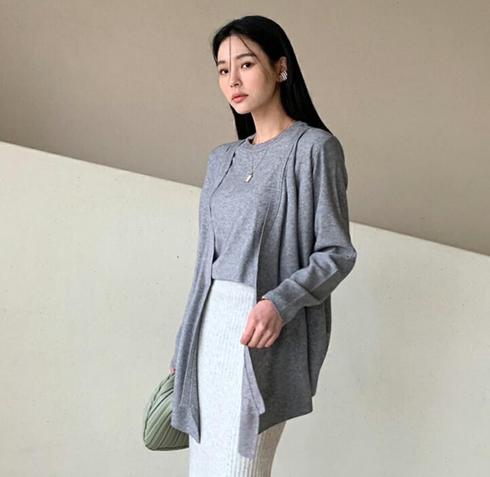 アンゴラ混カーデレイヤード風ニット・全4色・b00040 レディース 【tops】 韓国ファッション トップス ニット ラウンドネック クルーネック 長袖 レイヤード調 レイヤード風 ハイゲージ 無地 カジュアル 冬 ハイホリHIHOLLI