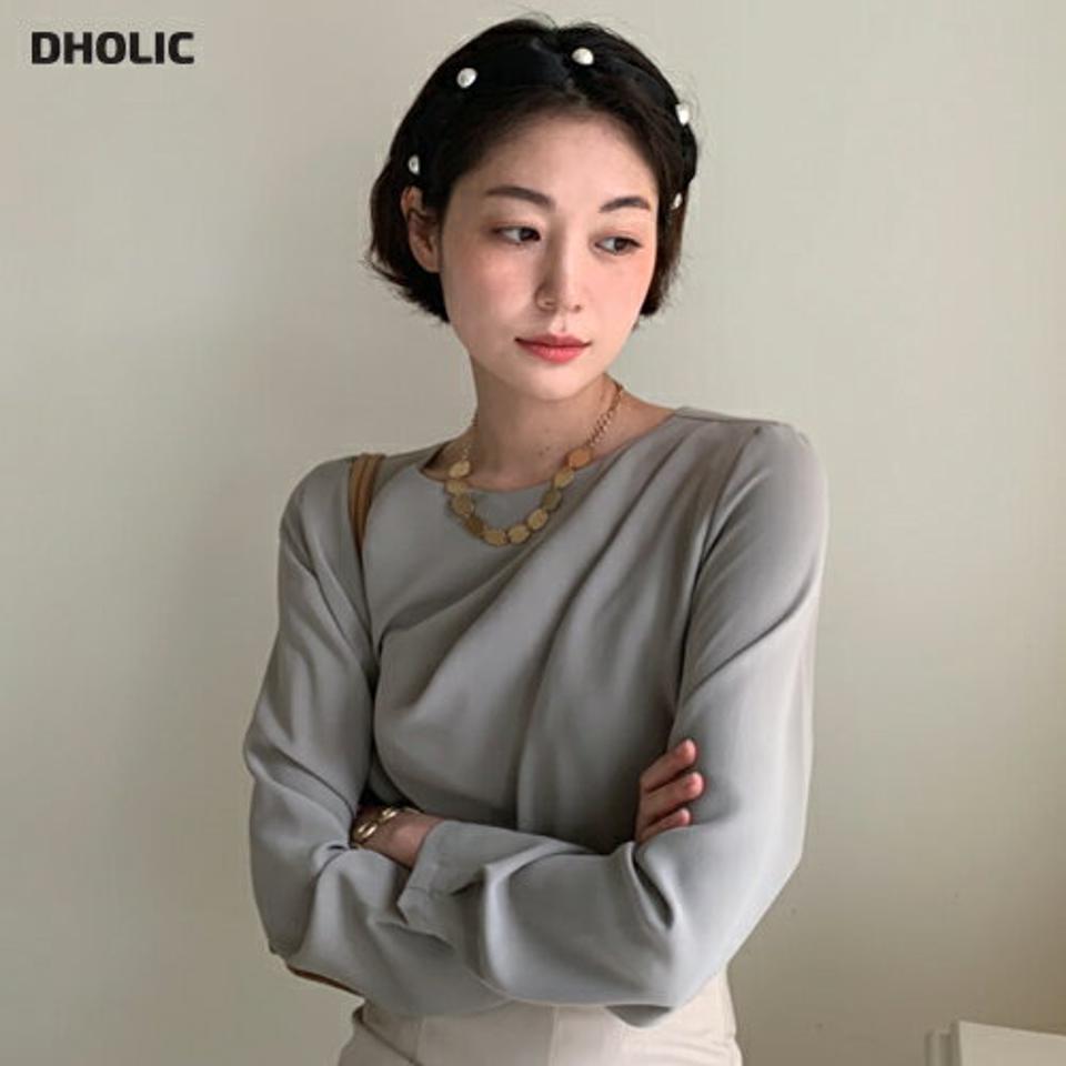 タックドレープブラウス・全3色・t00026 レディース 【bl】 韓国ファッション トップス ブラウス ラウンドネック 長袖 とろみ 無地 オフィス フォーマル スーツ 大人 カジュアル 冬 ハイホリHIHOLLI