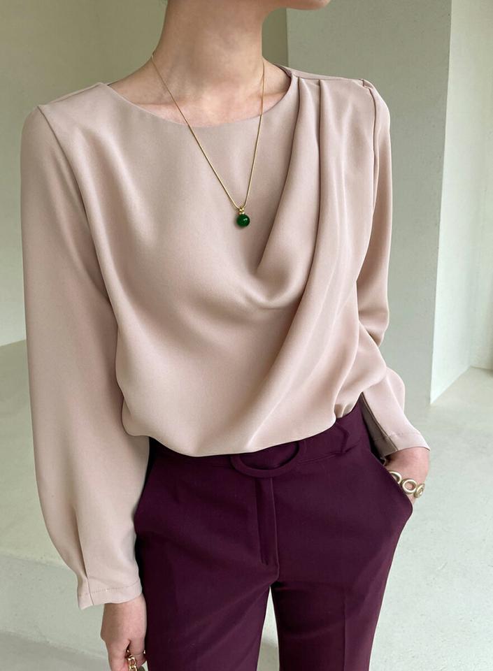 タックドレープブラウス・全3色・t00026 レディース 【bl】 韓国ファッション トップス ブラウス ラウンドネック 長袖 とろみ 無地 オフィス フォーマル スーツ 大人 カジュアル 冬 ハイホリHIHOLLI