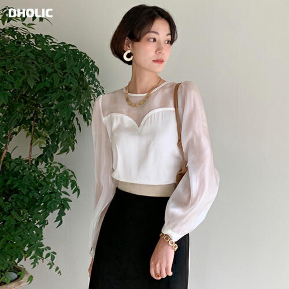 【10%OFF】ハートシースルーブラウス・全3色・t00023 レディース 【bl】 韓国ファッション トップス ブラウス 長袖 ラウンドネック クルーネック パフスリーブ シアー シースルー 透ける オーガンジー 切替 カジュアル 冬 ハイホリHIHOLLI blsセール