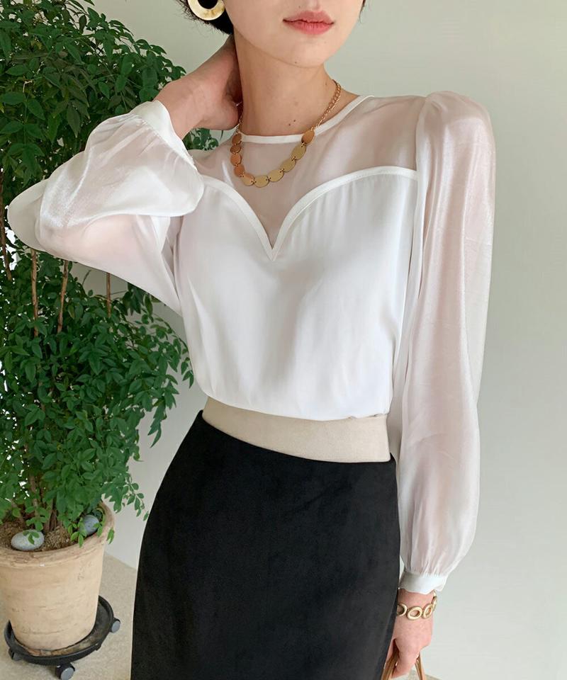 【10%OFF】ハートシースルーブラウス・全3色・t00023 レディース 【bl】 韓国ファッション トップス ブラウス 長袖 ラウンドネック クルーネック パフスリーブ シアー シースルー 透ける オーガンジー 切替 カジュアル 冬 ハイホリHIHOLLI blsセール