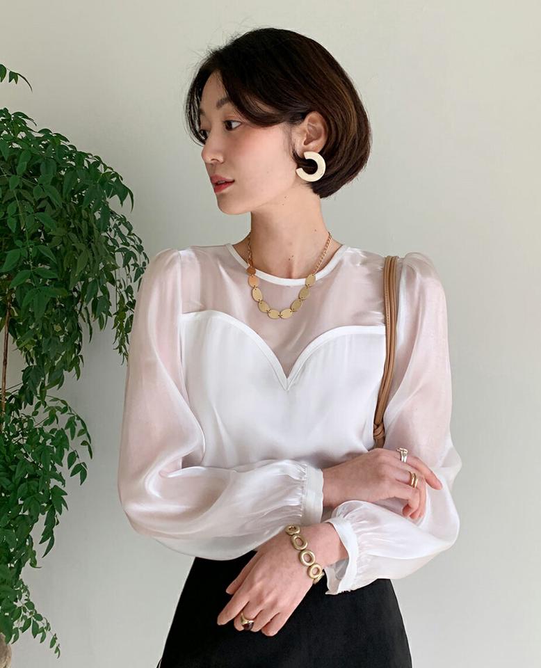 【10%OFF】ハートシースルーブラウス・全3色・t00023 レディース 【bl】 韓国ファッション トップス ブラウス 長袖 ラウンドネック クルーネック パフスリーブ シアー シースルー 透ける オーガンジー 切替 カジュアル 冬 ハイホリHIHOLLI blsセール