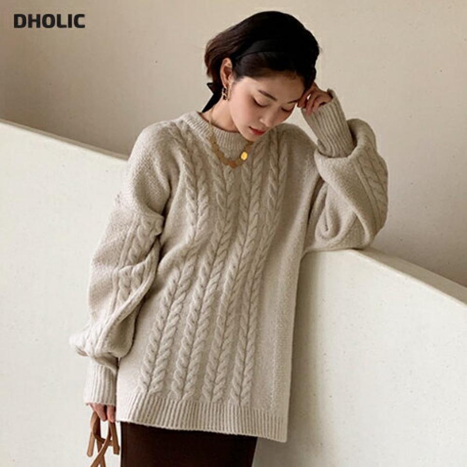 【只今10%OFF】パフスリーブツイストニット・全4色・t00032 レディース 【tops】 韓国ファッション トップス ニット ラウンドネック 長袖 ハイゲージ ロング丈 ルーズ ゆったり 体型カバー 無地 カジュアル 冬 ハイホリHIHOLLI【ニットセール】