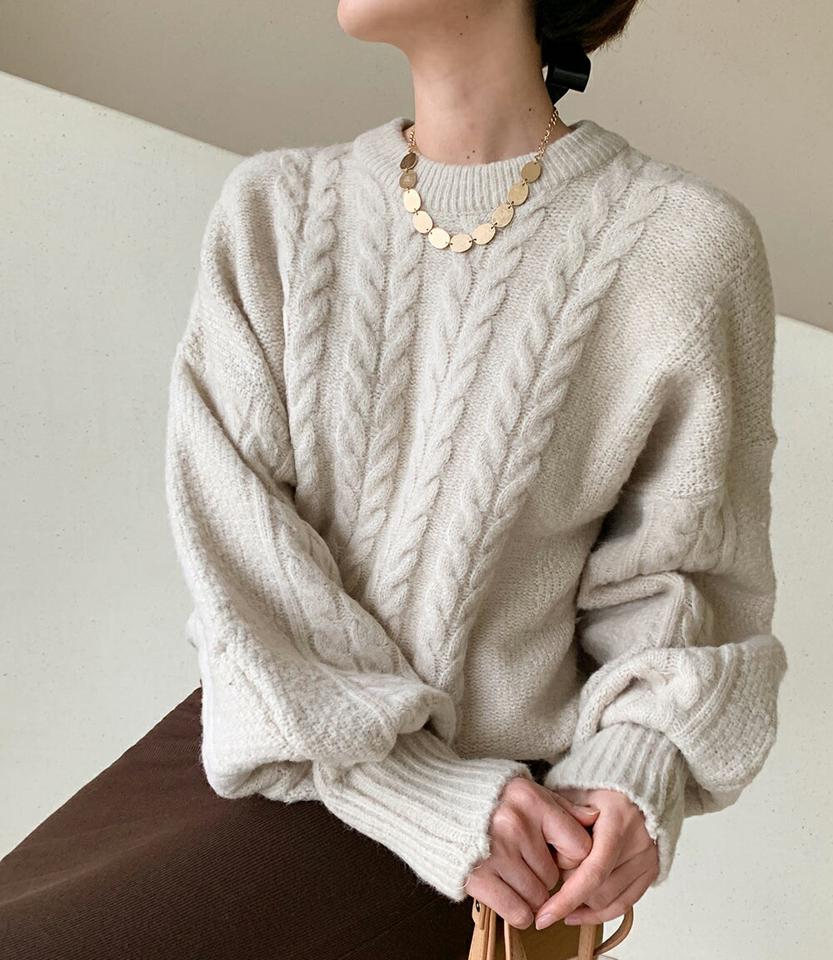 【只今10%OFF】パフスリーブツイストニット・全4色・t00032 レディース 【tops】 韓国ファッション トップス ニット ラウンドネック 長袖 ハイゲージ ロング丈 ルーズ ゆったり 体型カバー 無地 カジュアル 冬 ハイホリHIHOLLI【ニットセール】