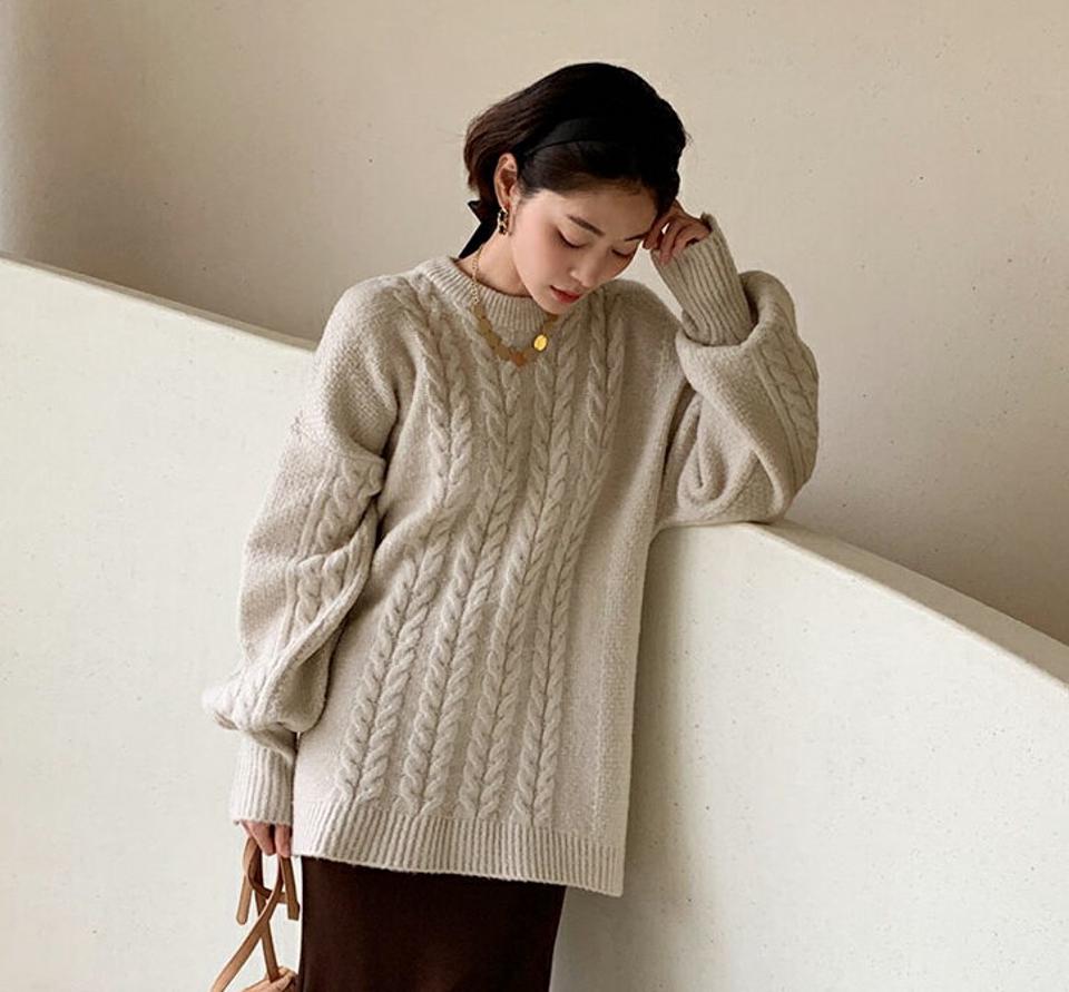【只今10%OFF】パフスリーブツイストニット・全4色・t00032 レディース 【tops】 韓国ファッション トップス ニット ラウンドネック 長袖 ハイゲージ ロング丈 ルーズ ゆったり 体型カバー 無地 カジュアル 冬 ハイホリHIHOLLI【ニットセール】