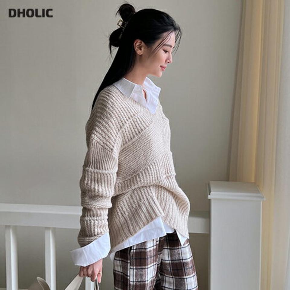 【只今10%OFF】アルパカ混Vネックルーズニット・全3色・t00030 レディース 【tops】 韓国ファッション トップス ニット Vネック 長袖 ローゲージ ざっくり編み ざっくりニット ルーズ ゆったり 体型カバー 無地 カジュアル 冬 ハイホリHIHOLLI【ニットセール】