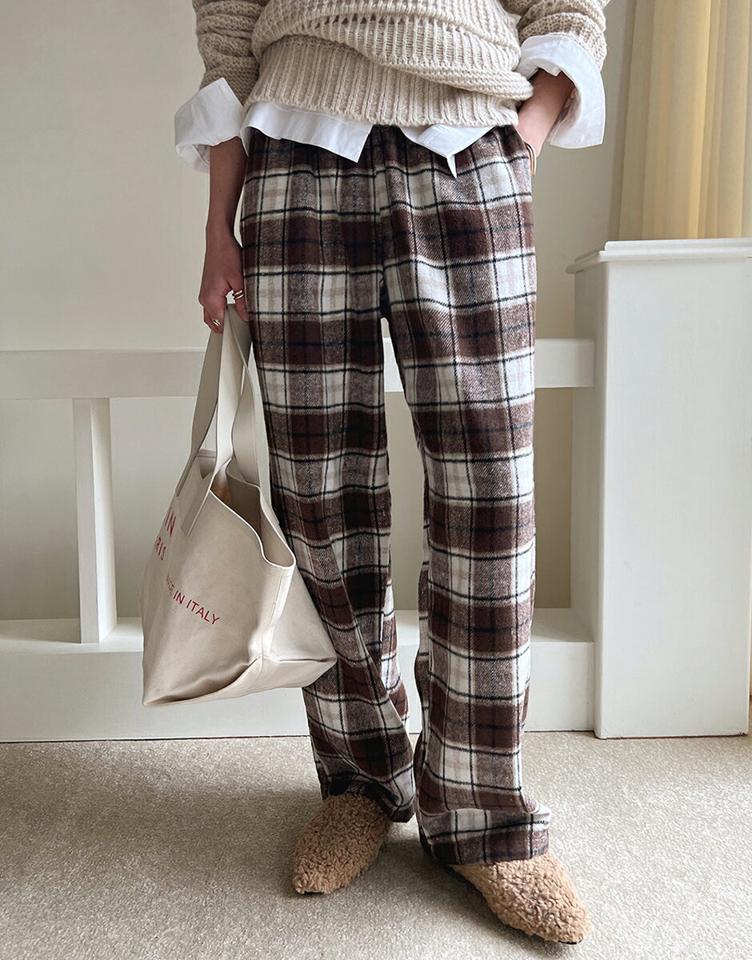 起毛チェックワイドパンツ・全2色・t00008 レディース 【pt】 韓国ファッション ボトムス パンツ ロングパンツ ロング丈 ハイウエスト ハイライズ ワイド ストレート タータンチェック パターン 柄 カジュアル 冬 ハイホリHIHOLLI