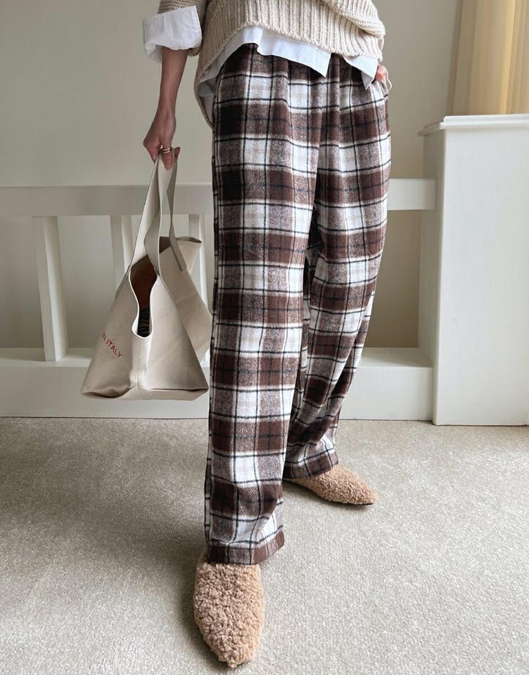 起毛チェックワイドパンツ・全2色・t00008 レディース 【pt】 韓国ファッション ボトムス パンツ ロングパンツ ロング丈 ハイウエスト ハイライズ ワイド ストレート タータンチェック パターン 柄 カジュアル 冬 ハイホリHIHOLLI