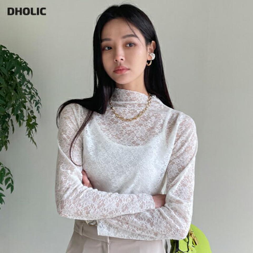 レースハーフネックブラウス・全4色・t00025 レディース 【bl】 韓国ファッション トップス ブラウス ハーフネック モックネック ボトルネック 長袖 総レース オールレース シースルー シアー 透ける スリム 細身 カジュアル 冬 ハイホリHIHOLLI