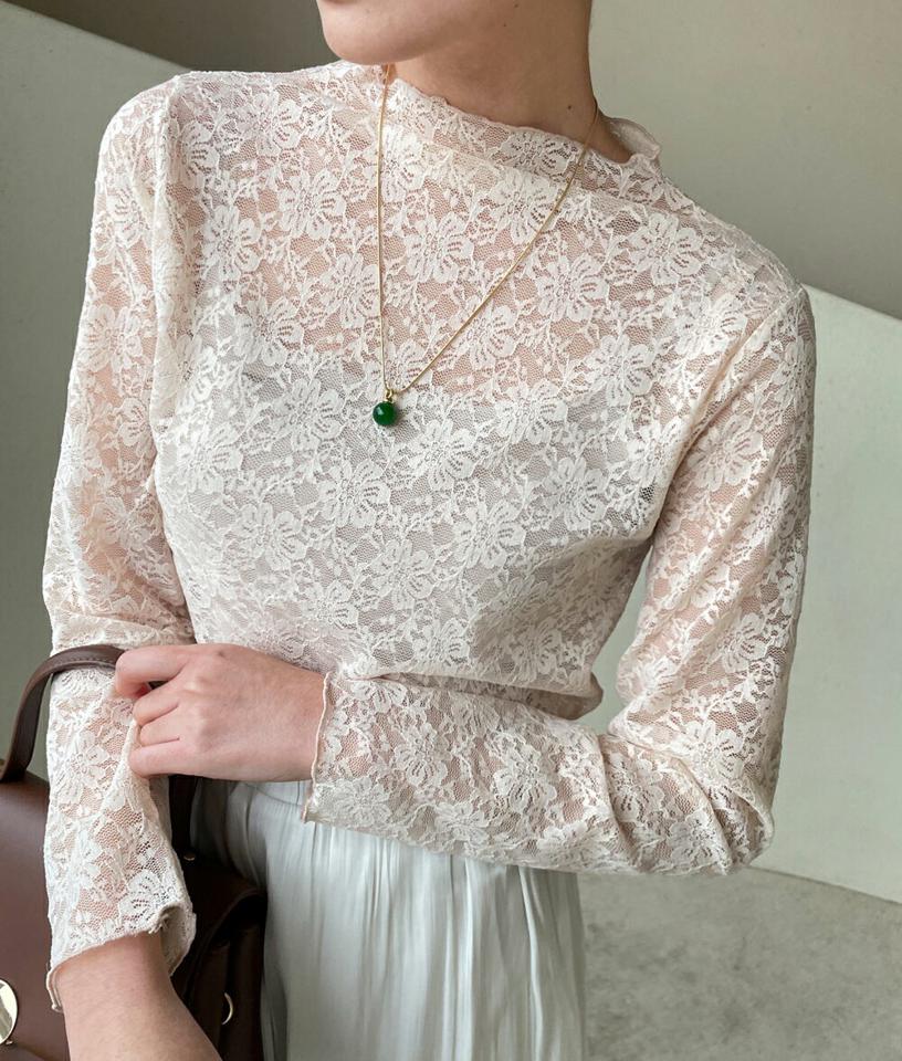 レースハーフネックブラウス・全4色・t00025 レディース 【bl】 韓国ファッション トップス ブラウス ハーフネック モックネック ボトルネック 長袖 総レース オールレース シースルー シアー 透ける スリム 細身 カジュアル 冬 ハイホリHIHOLLI