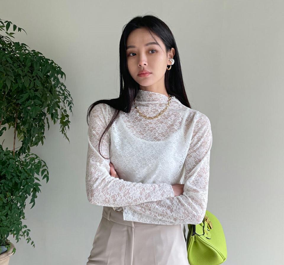 レースハーフネックブラウス・全4色・t00025 レディース 【bl】 韓国ファッション トップス ブラウス ハーフネック モックネック ボトルネック 長袖 総レース オールレース シースルー シアー 透ける スリム 細身 カジュアル 冬 ハイホリHIHOLLI