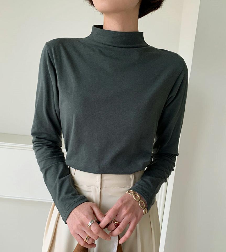 起毛ハーフネックTシャツ・全4色・b00021 レディース 【tops】 韓国ファッション トップス Tシャツ カットソー ハーフネック 長袖 無地 スリム 細身 ベーシック シンプル カジュアル 冬 ハイホリHIHOLLI