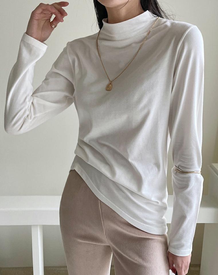 起毛ハーフネックTシャツ・全4色・b00021 レディース 【tops】 韓国ファッション トップス Tシャツ カットソー ハーフネック 長袖 無地 スリム 細身 ベーシック シンプル カジュアル 冬 ハイホリHIHOLLI