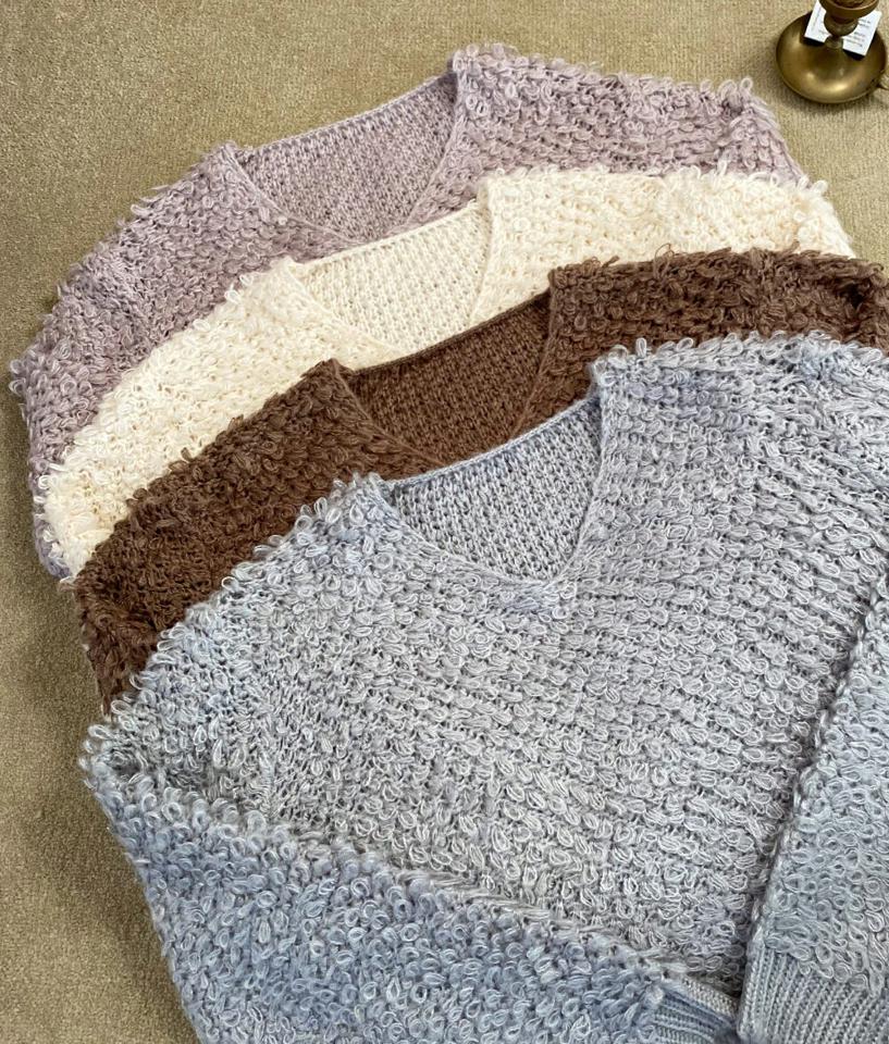 ブークレVネックルーズニット・全4色・t66486 レディース 【tops】韓国ファッション トップス ニット 大人 長袖 Vネック ブークレ編み ルーズ ゆったり アクリル シンプル 体型カバー フェミニン カジュアル 秋 冬