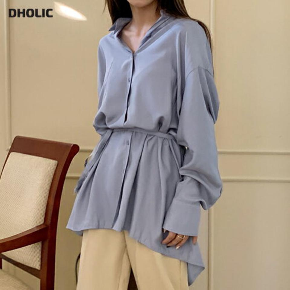 ストラップ付サテンロングシャツ・全3色・t66484 レディース 【bl】韓国ファッション トップス シャツ 長袖 カラーネック ストラップ付 サテン ロングシャツ 無地 シンプル カジュアル フェミニン ルーズ ガーリー 春 秋 冬