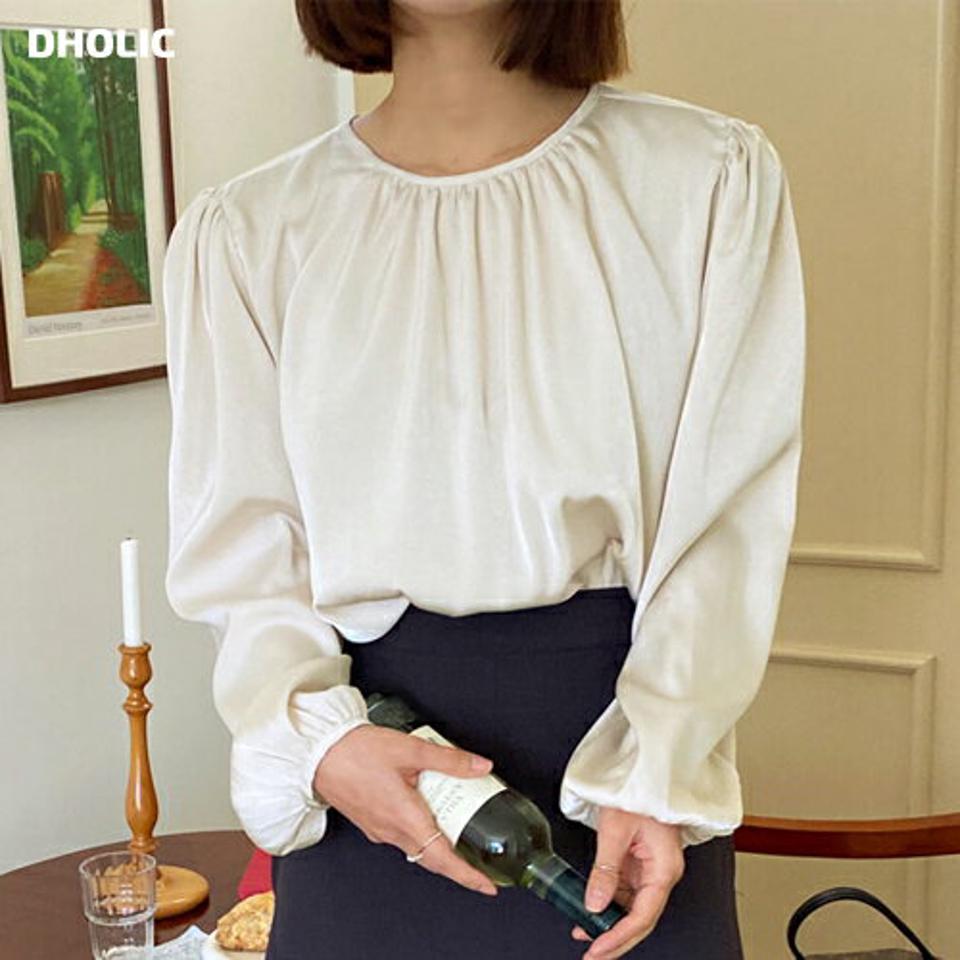 ラウンドパフブラウス・全4色・t66518 レディース 【bl】韓国ファッション トップス ブラウス 長袖 ラウンドネック パフスリーブ ギャザー ボタン 無地 シンプル 光沢 大人 体型カバー カジュアル フェミニン 春 秋 冬