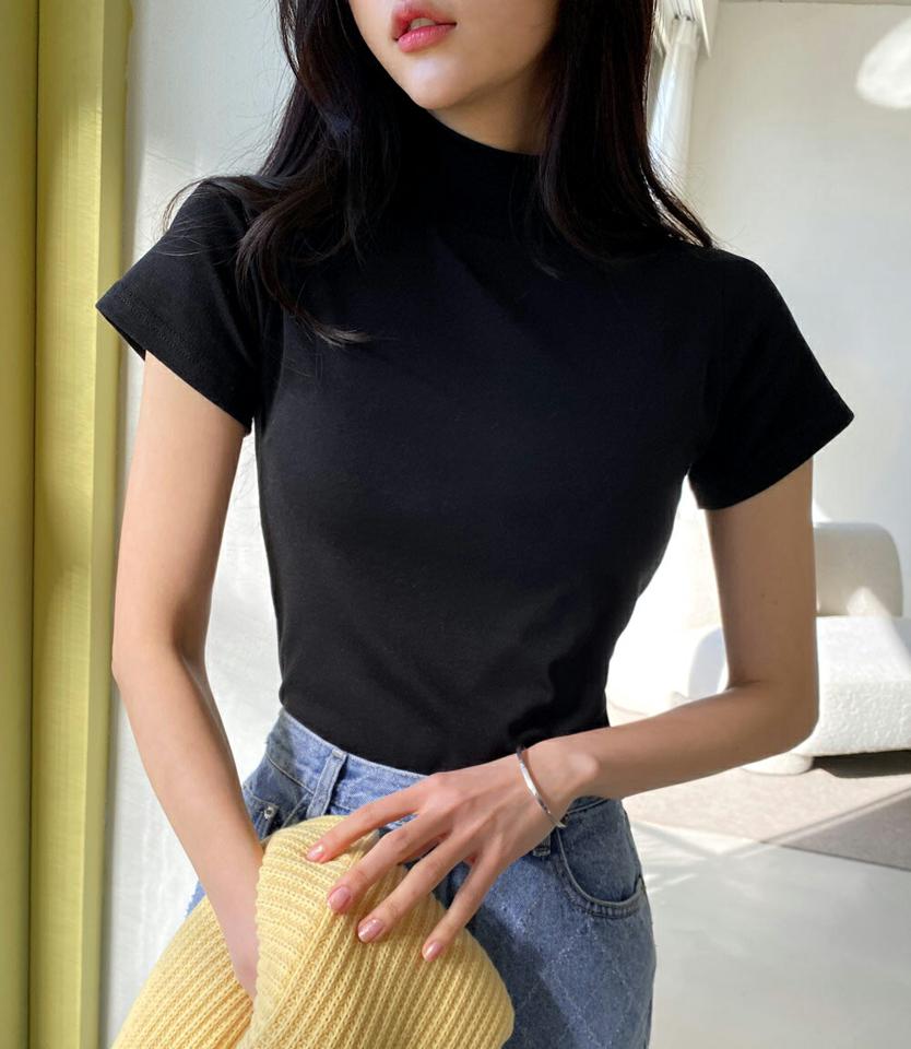 裏起毛半袖ハーフネックTシャツ・全3色・t00031 レディース 【tops】韓国ファッション トップス Tシャツ 大人 半袖 ハーフネック 裏起毛 保温性 無地 ベーシック シンプル 体型カバー 細身 フェミニン カジュアル 秋 冬